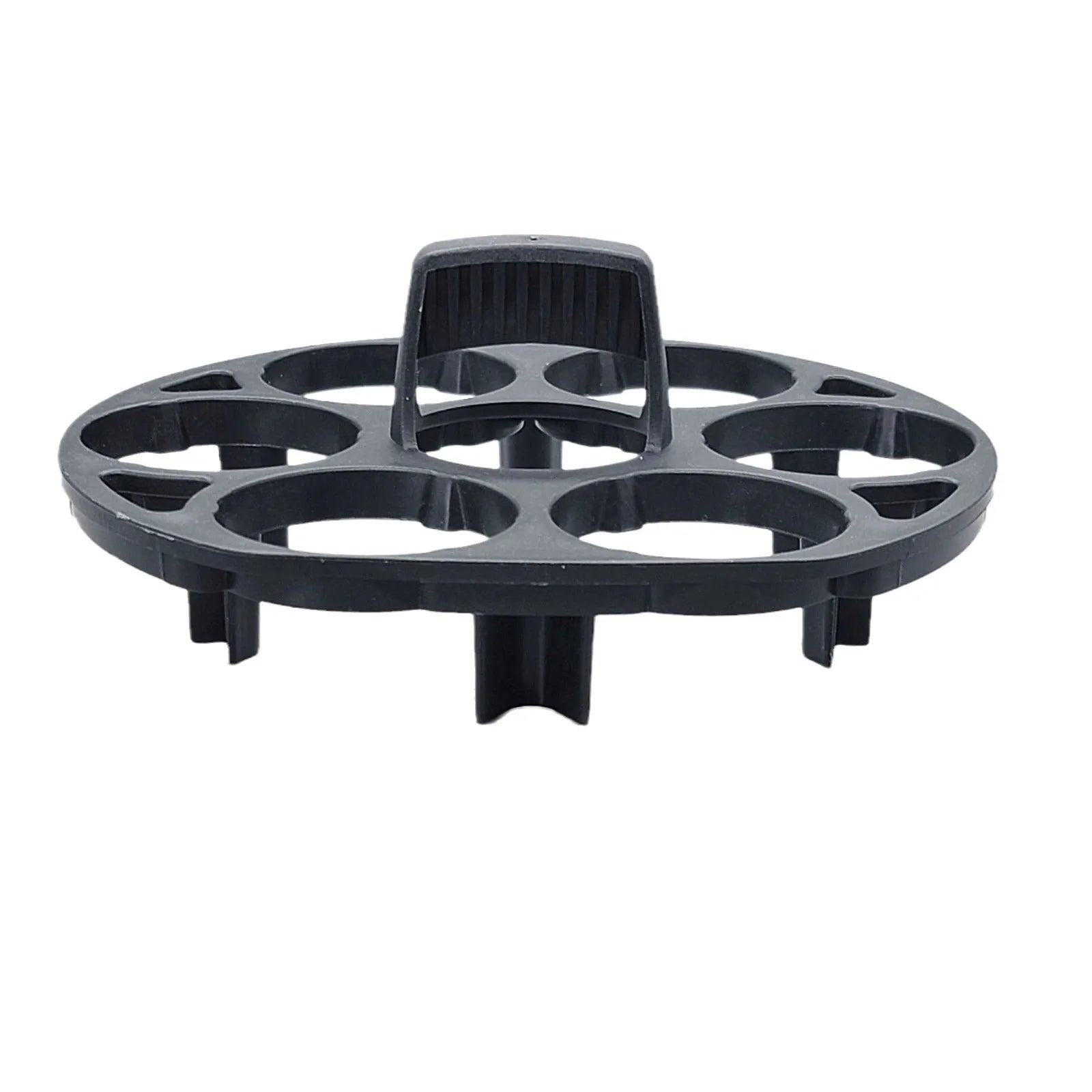 Black plastic egg holder basket on a kitchen countertop, showing its 13.8 cm length and retainer design.