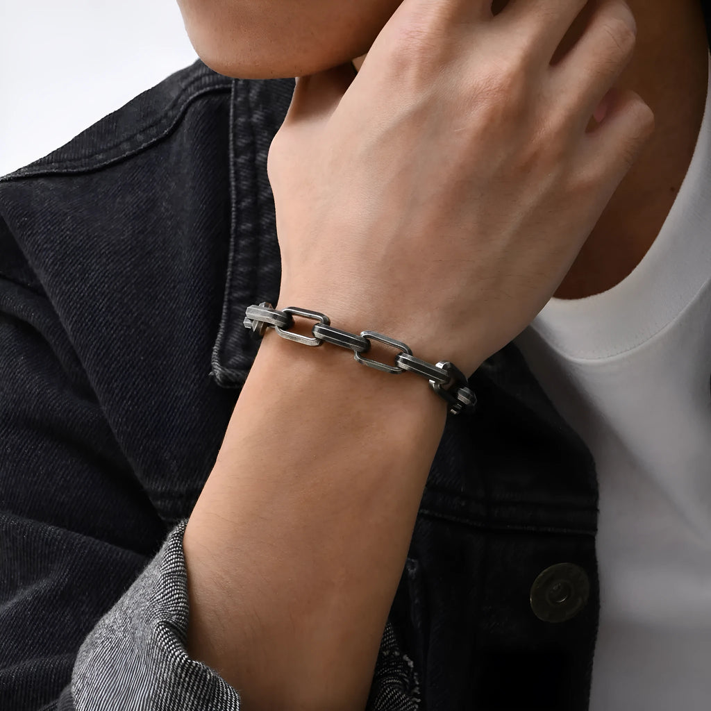 Men's titanium steel square chain bracelet in steel, gold, black, or retro electroplated finishes.