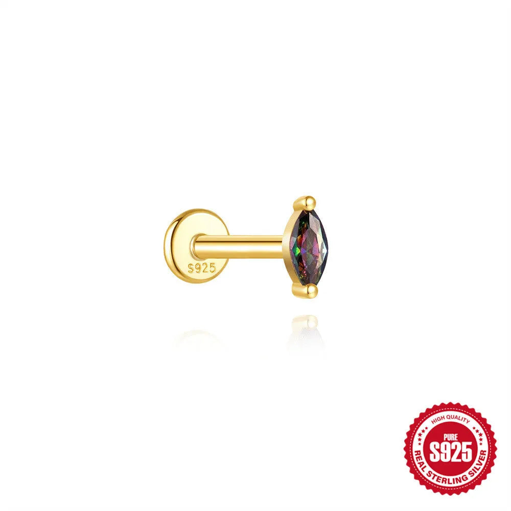 S925 sterling silver piercing earrings with rainbow stone flat head thread in gold colours