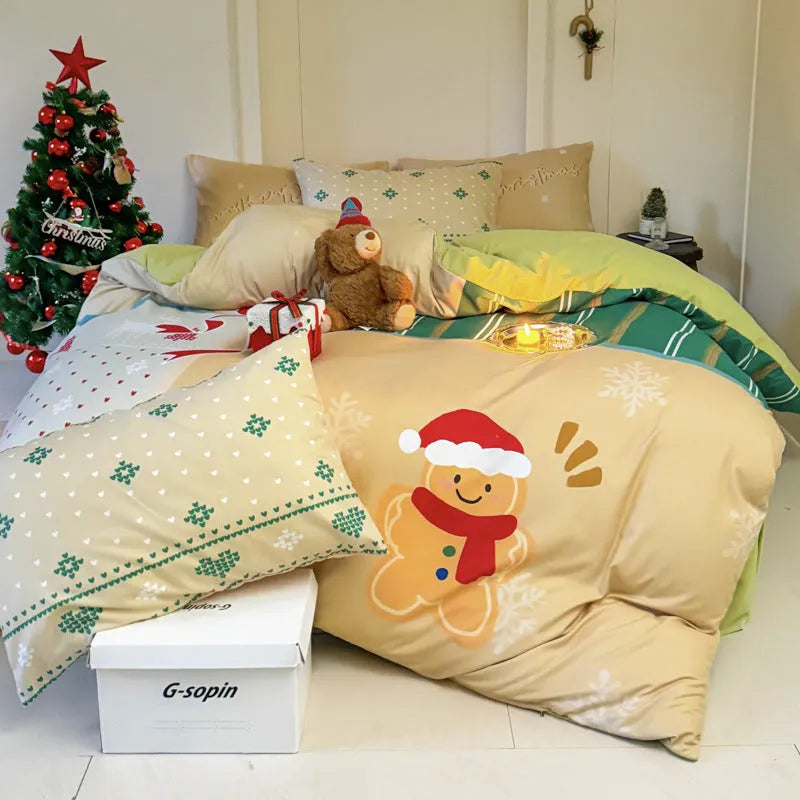 Cartoon printed super soft washed cotton chemical fibre four-piece bedding set on a bed.