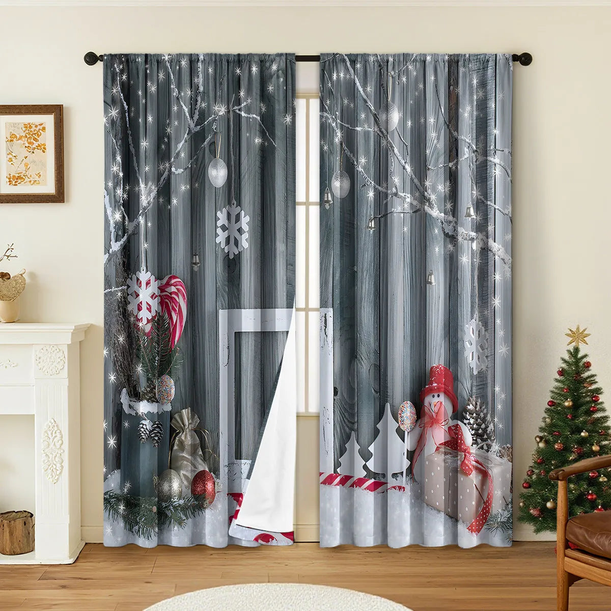 Pair of 3D digitally printed Christmas curtains in European style design on polyester fabric