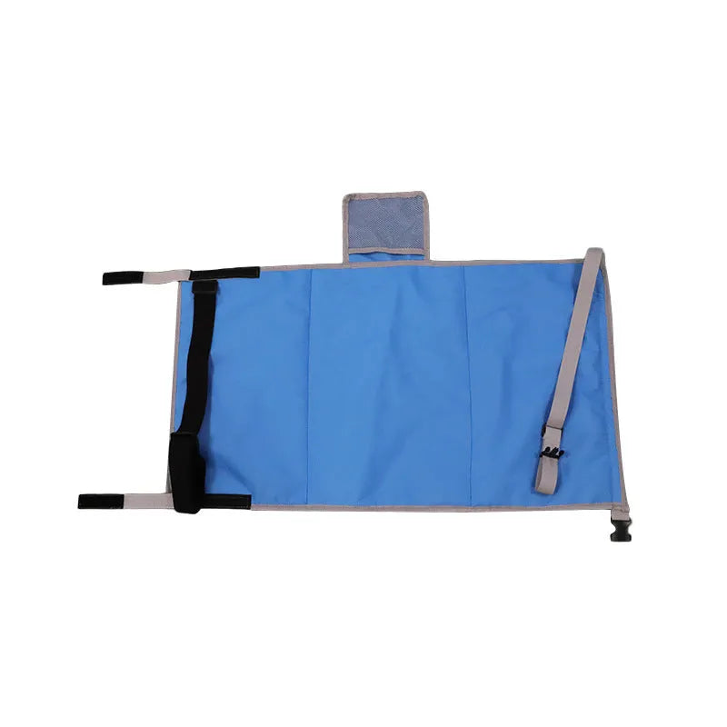 Blue portable children's aircraft seat extender with attached pedal and matching drawstring storage pocket.