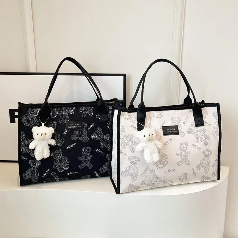 Women's printed canvas tote bag with rhombus pattern in black or white colour options