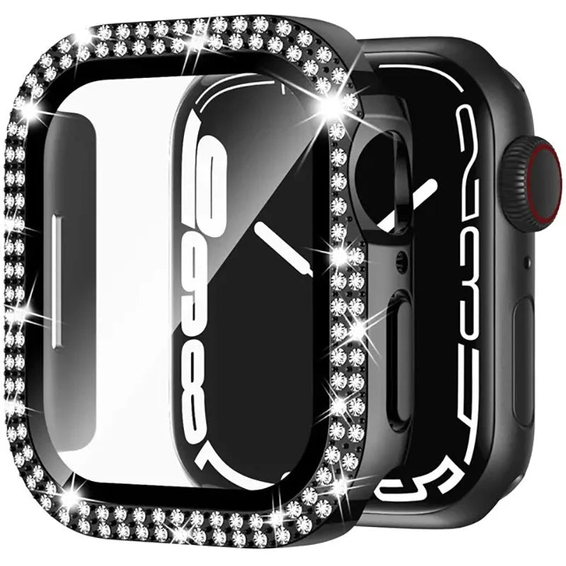 Apple Watch case with double diamond glass in rose pink, gold, silver, transparent, black, Starlight, and rose gold colours.