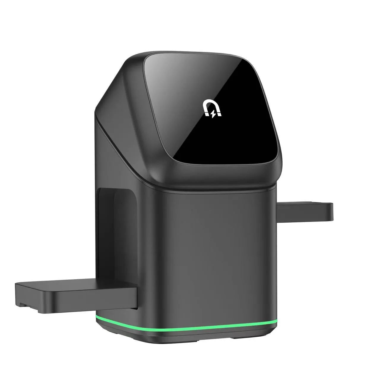 Mobile phone magnetic wireless charging stand showing 180-degree rotation feature in black finish