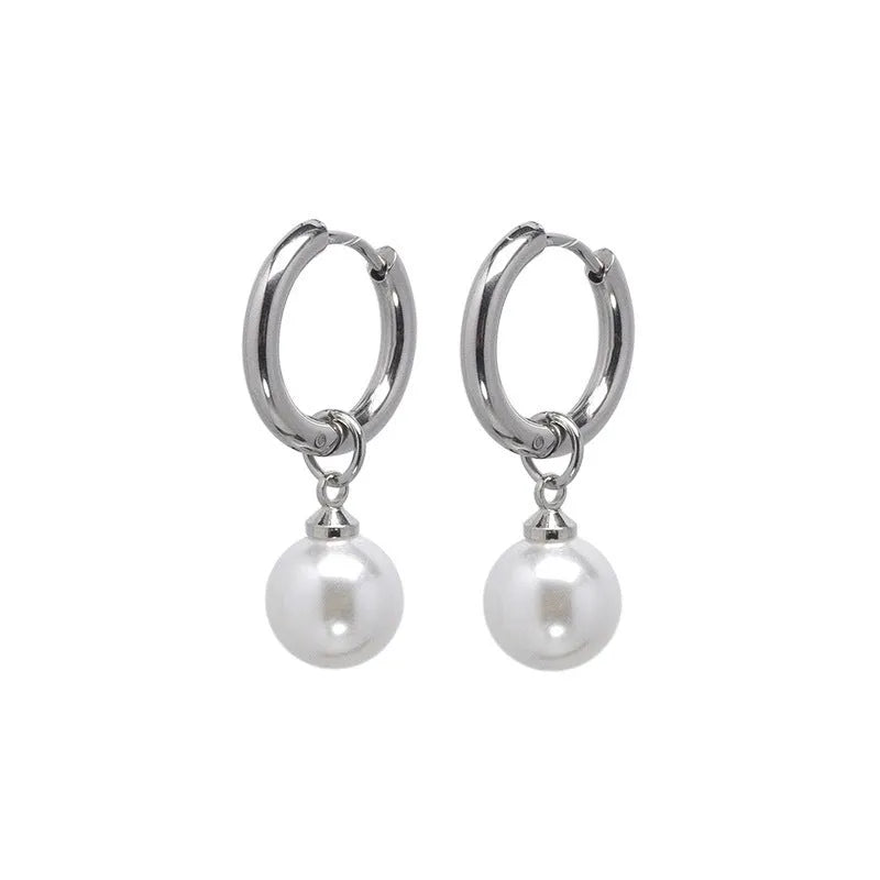 A pair of women's geometric alloy earrings with a round pearl and titanium steel posts.