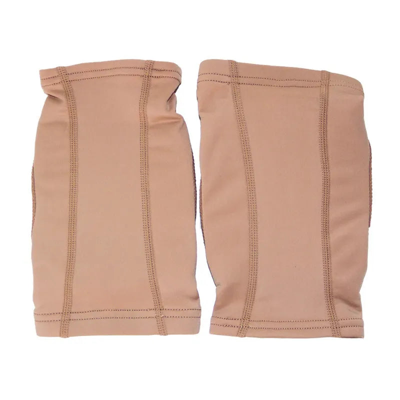 Ballet dance knee pads in skin colour and black colours, showing kneecap protection design