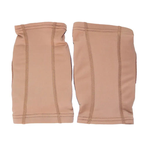 Ballet dance knee pads in skin colour and black colours, showing kneecap protection design