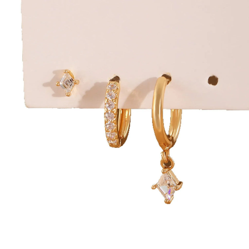 Geometric triangle and rhombus zircon earrings in gold and silver with stud, pendant, and clip styles