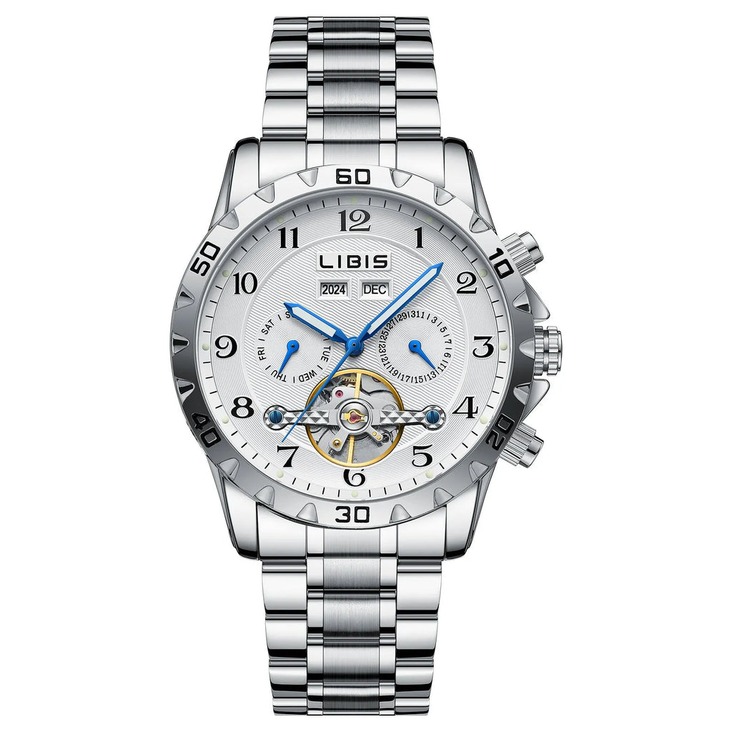 Men's silver steel belt automatic perpetual calendar mechanical watch with business style