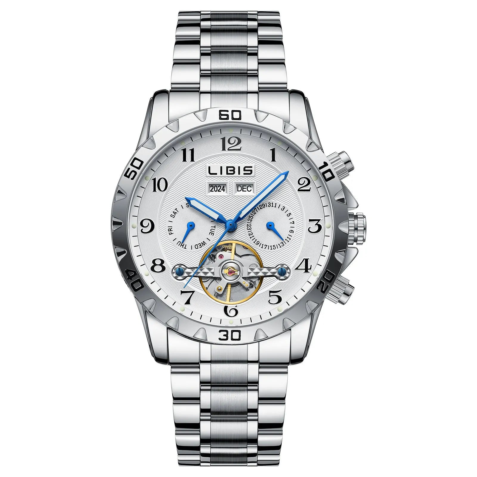 Men's silver steel belt automatic perpetual calendar mechanical watch with business style