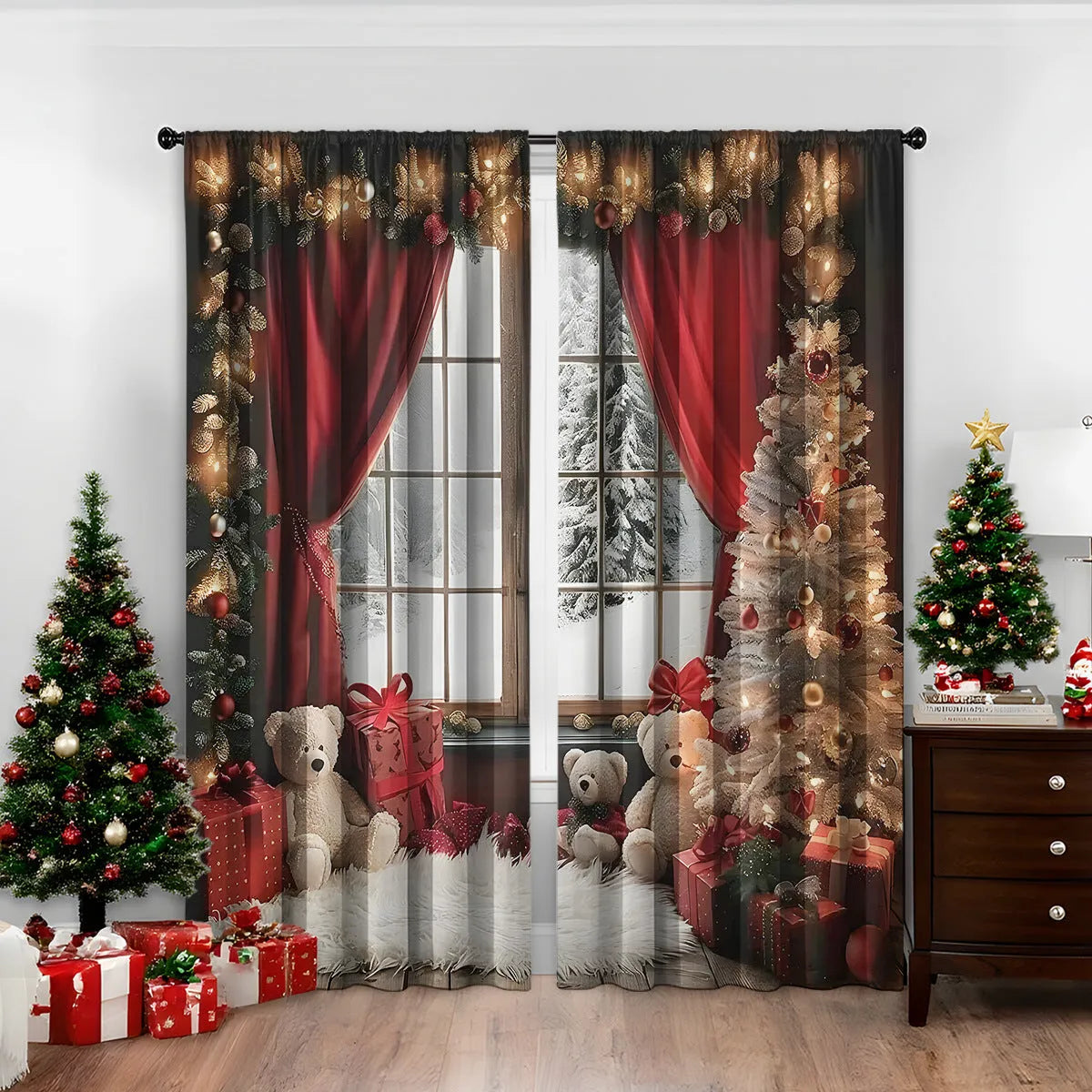Pair of 3D digitally printed Christmas curtains in European style design on polyester fabric