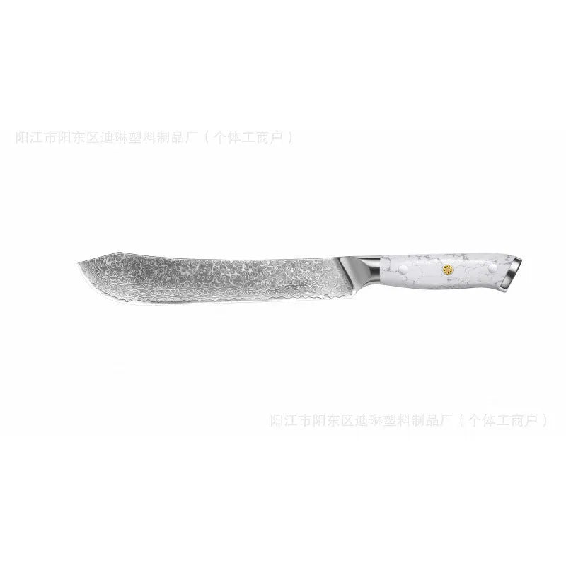 Damascus style combined chef's knife with VG10 steel blade, 21cm blade length on a wooden surface.