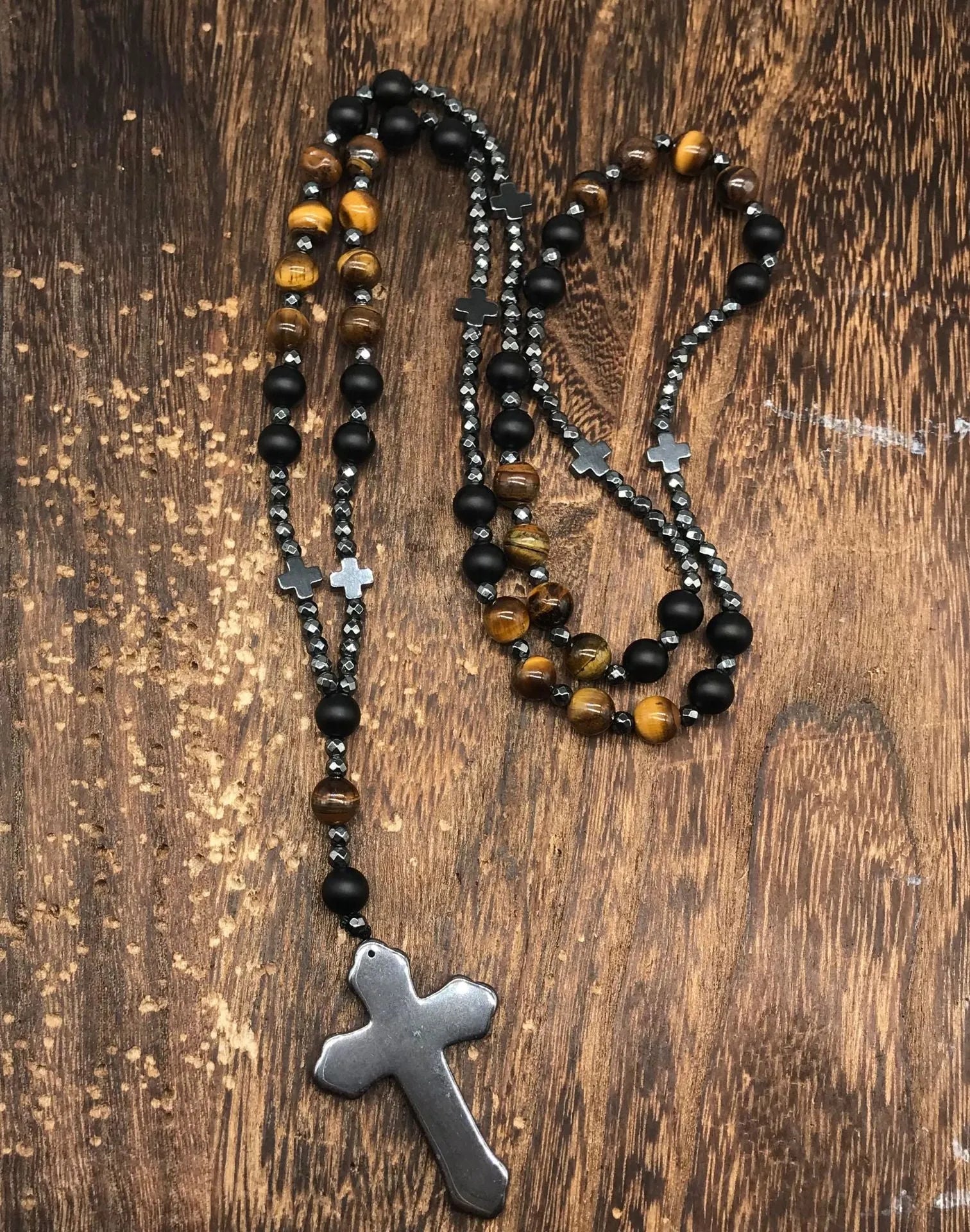 Men's stone cross pendant necklace on ball bead chain with safety lock clasp