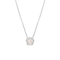 White mother of pearl shell flower necklace on a chain, shown in silver and gold tone finishes.