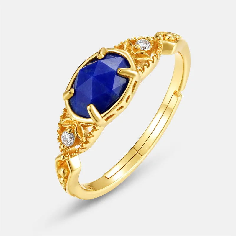 Geometric silver alloy ring with oval lapis lazuli stone in deep blue colour
