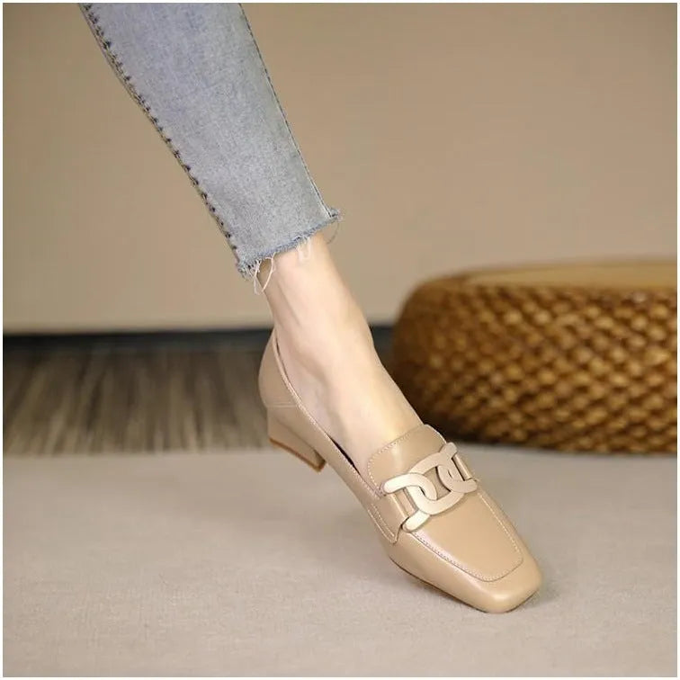 Women's British style chunky heel pumps loafer in beige solid colour, square toe, one-pedal design
