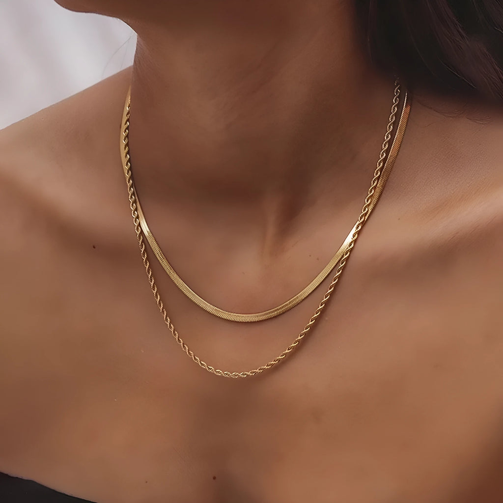Women's titanium steel geometric necklace with double-layer pendant on adjustable snake bones chain