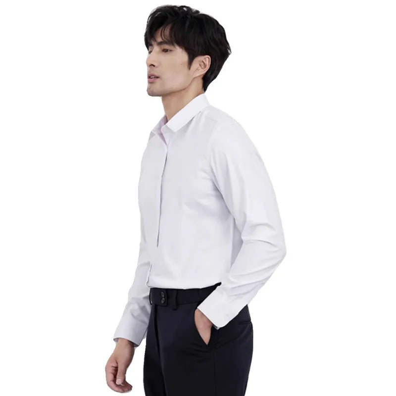 Men's wine red slim fit long sleeve cardigan shirt laid flat, showing plain colour and button front.