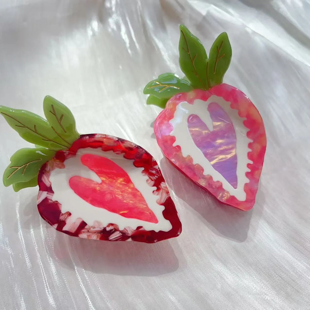 Strawberry hairpin for girls in red or pink colour with handmade pastoral style