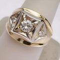 Gold-coloured geometric hollow couple rings with chamfered square pattern design