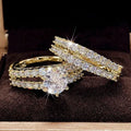 Women's 2-in-1 fully jewelled ring set in geometric design with round elements, shown in gold, rose gold, and silver finishes