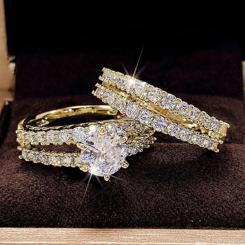 Women's 2-in-1 fully jewelled ring set in geometric design with round elements, shown in gold, rose gold, and silver finishes