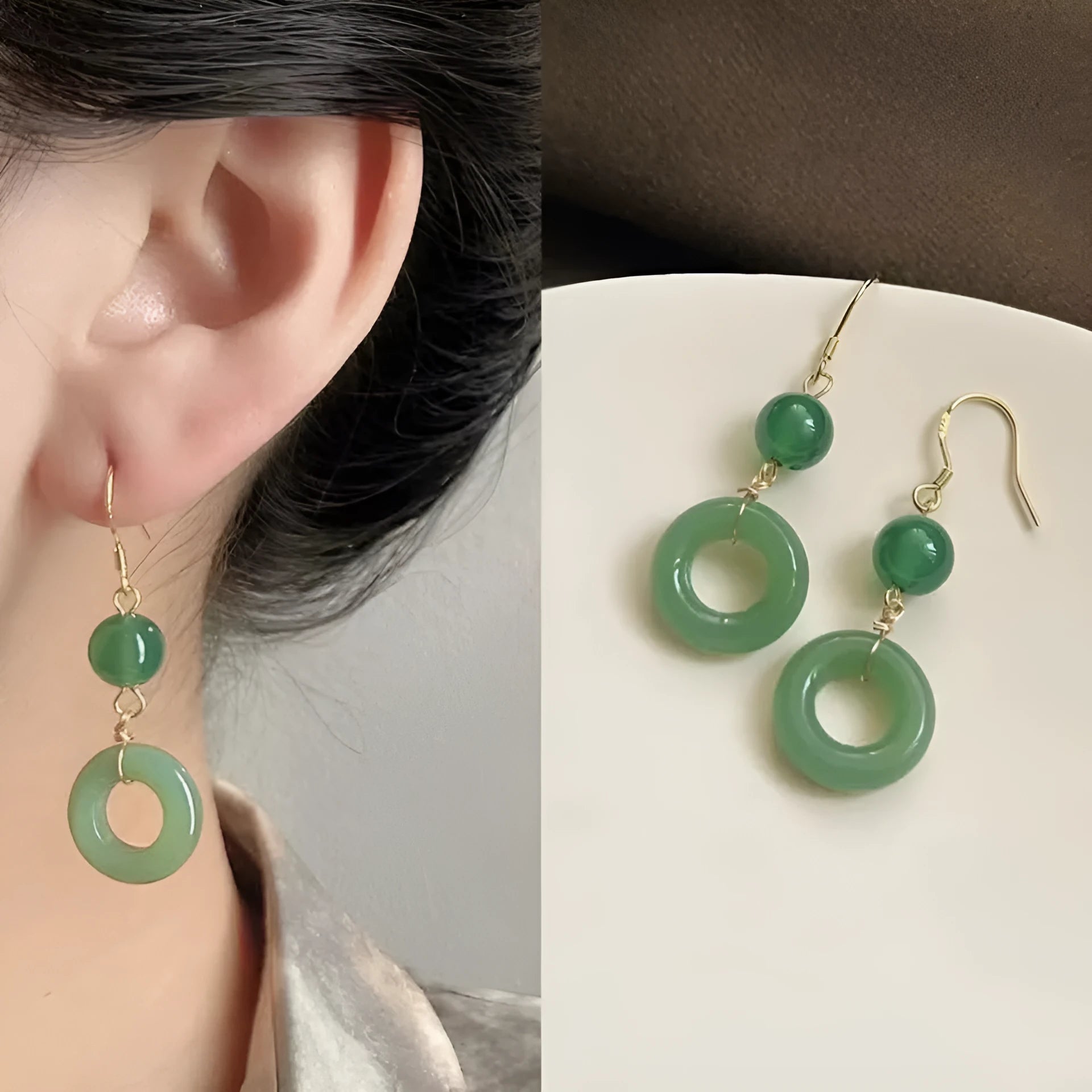 Green Chinese-style geometric peace buckle accessory set with zinc alloy earrings