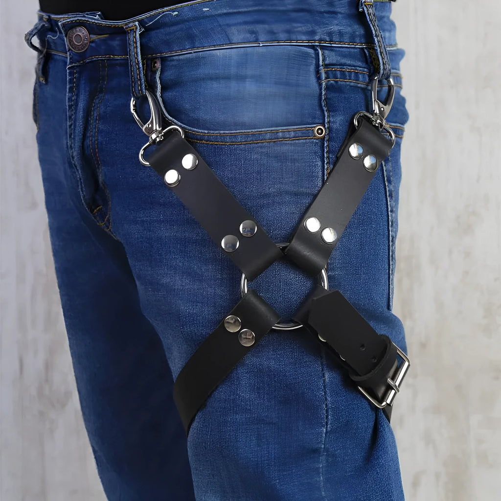 Black leggings with leather accessories and trim detailing in PU leather material