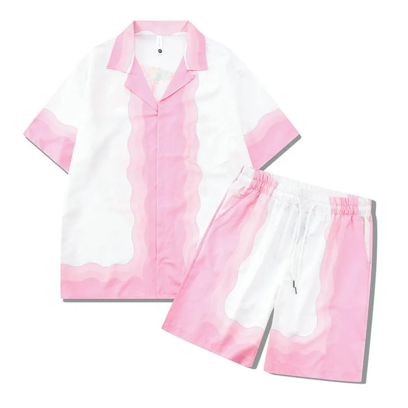 Plaid print beach outfit set showing matching short sleeve shirt and trousers for men