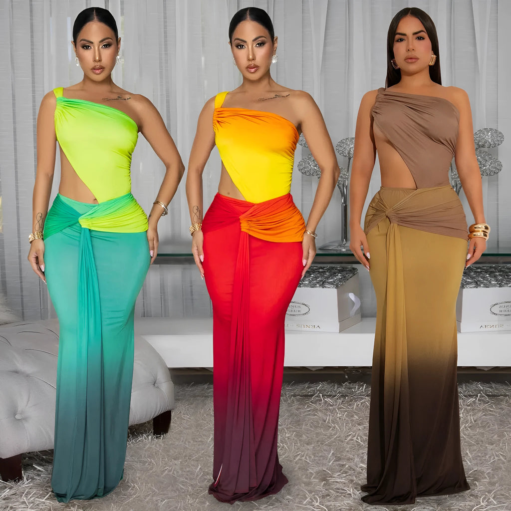 Women's gradient colour cross-shoulder dress with long skirt length in brown, green, or red shades
