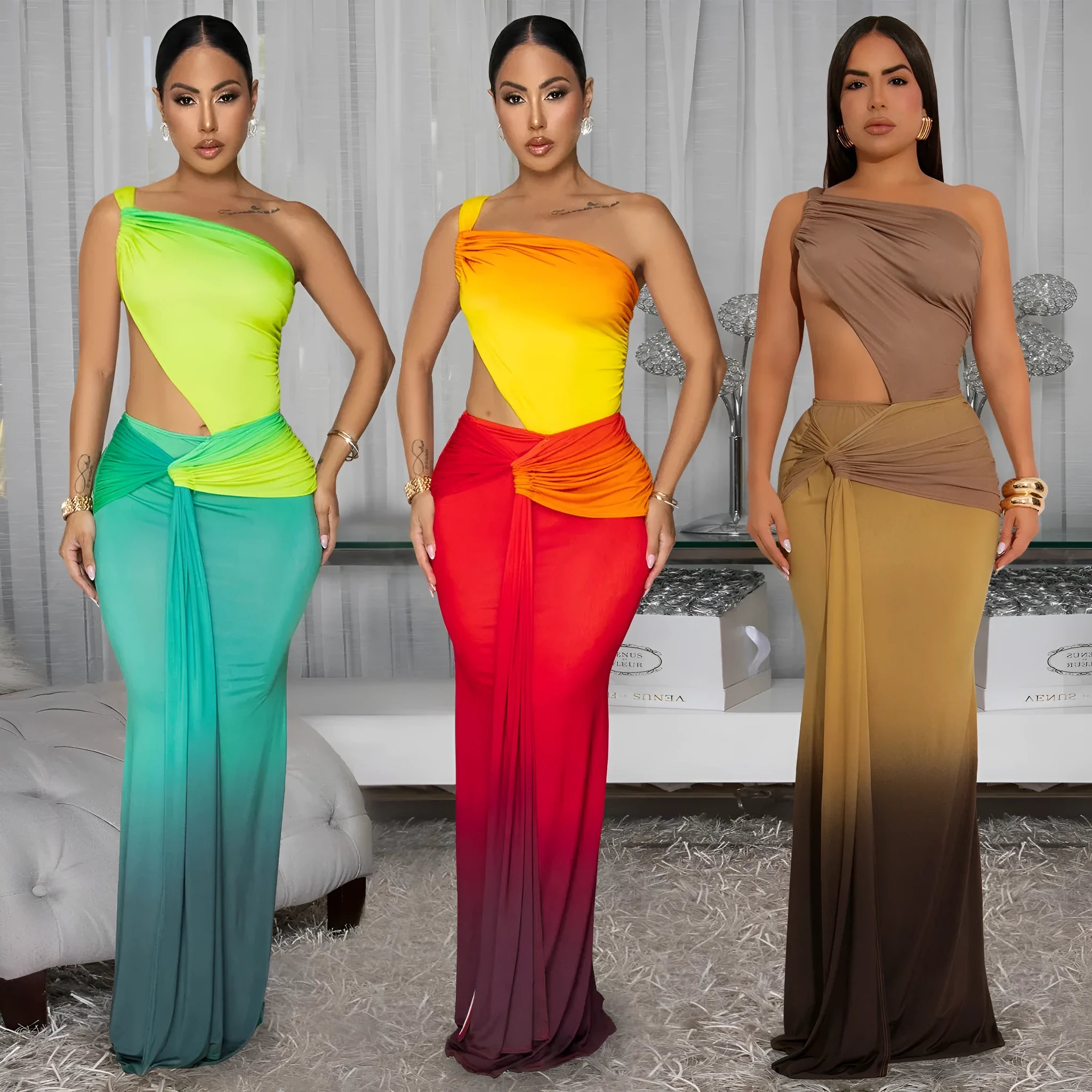 Women's gradient colour cross-shoulder dress with long skirt length in brown, green, or red shades