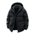 Men's black hooded padded cardigan jacket with side pockets on a neutral background.