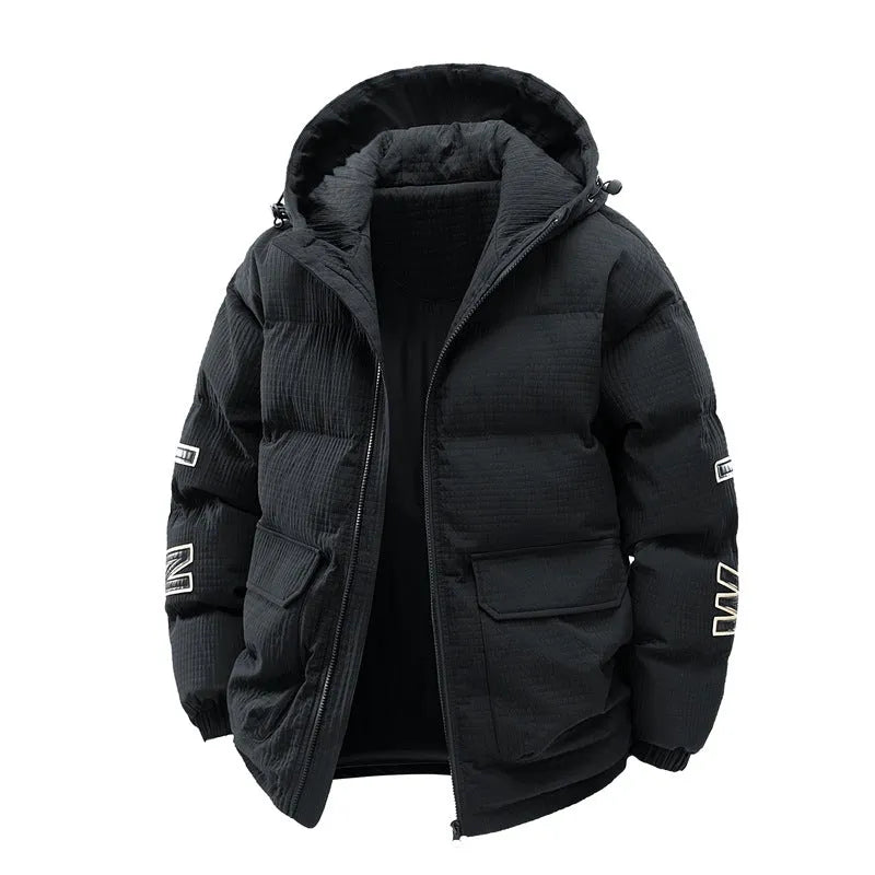 Men's black hooded padded cardigan jacket with side pockets on a neutral background.