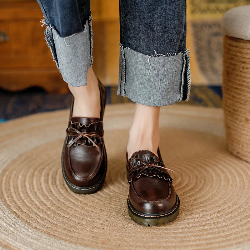 British style round head chunky low heel women's leather shoes in black and brown colours