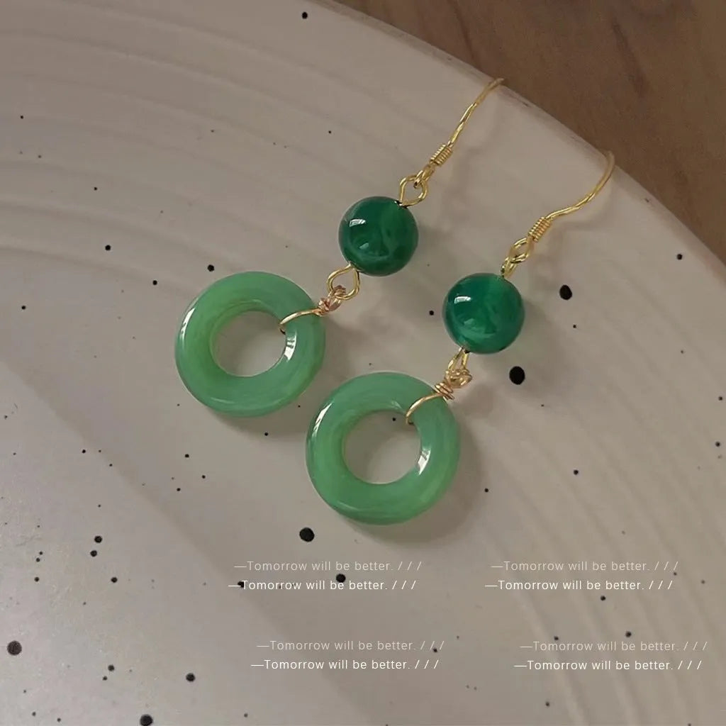 Green Chinese-style geometric peace buckle accessory set with zinc alloy earrings