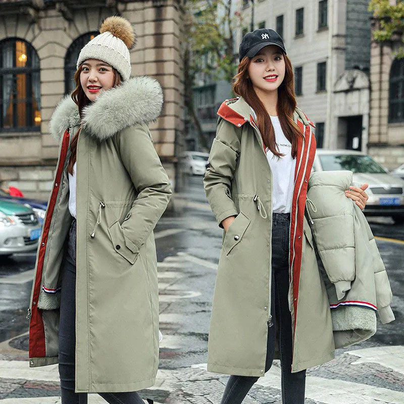 Women's long white cotton-padded fleece trench coat with down cotton filler, shown in elegant style.