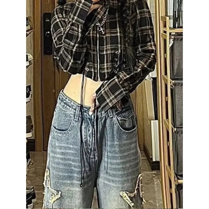 Women's blue straight-leg jeans with high waist and micro elastic denim fabric