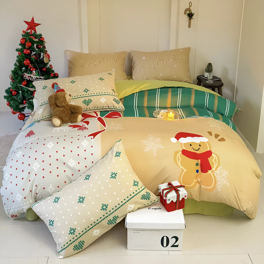 Cartoon printed super soft washed cotton chemical fibre four-piece bedding set on a bed.