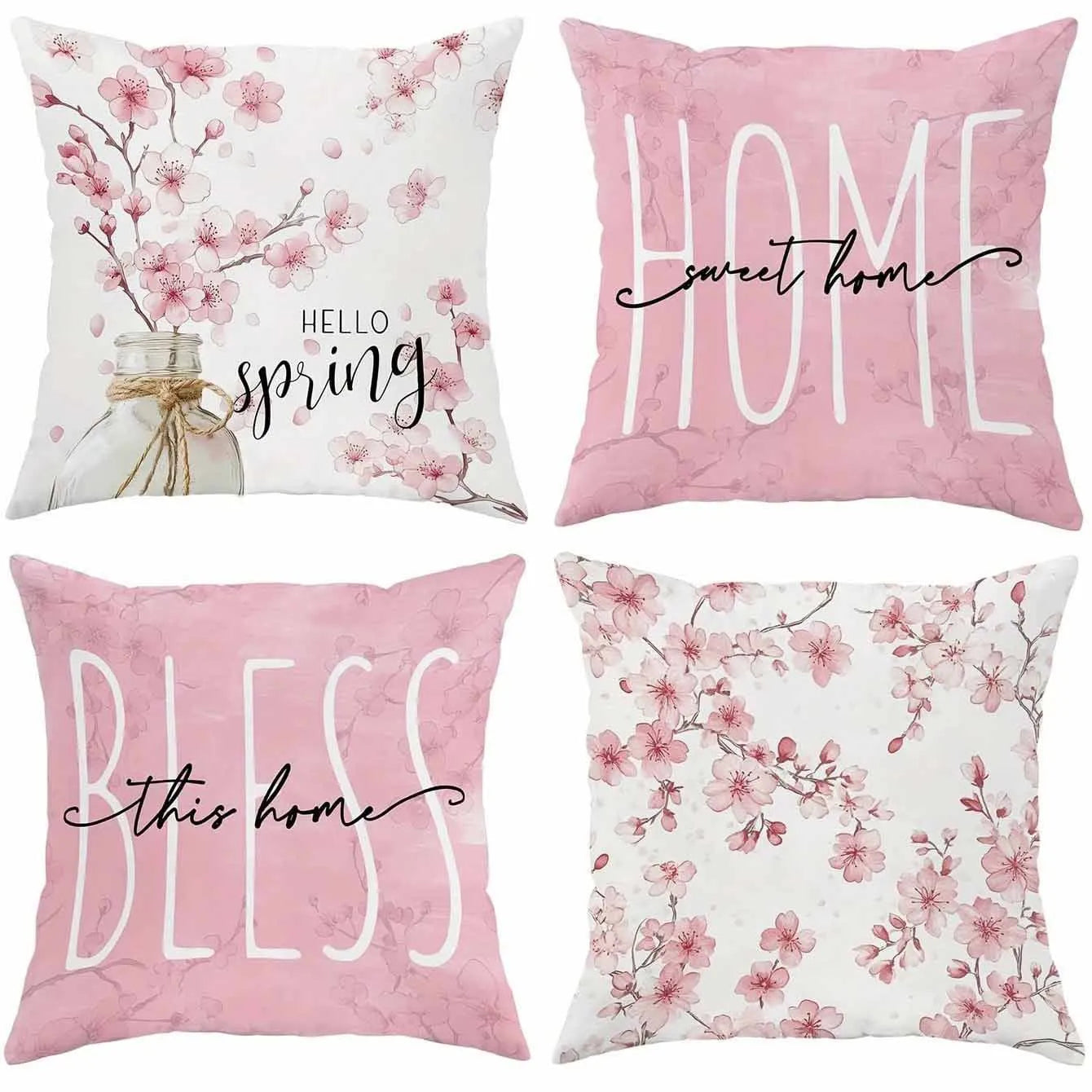 45cm square cherry blossom print cushion cover in short velvet fabric on a grey sofa.