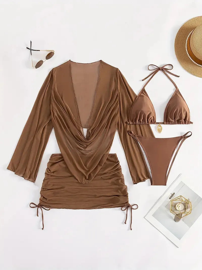 Women's lace-up bikini set in dark brown or black with sleeveless top and briefs