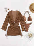 Women's lace-up bikini set in dark brown or black with sleeveless top and briefs