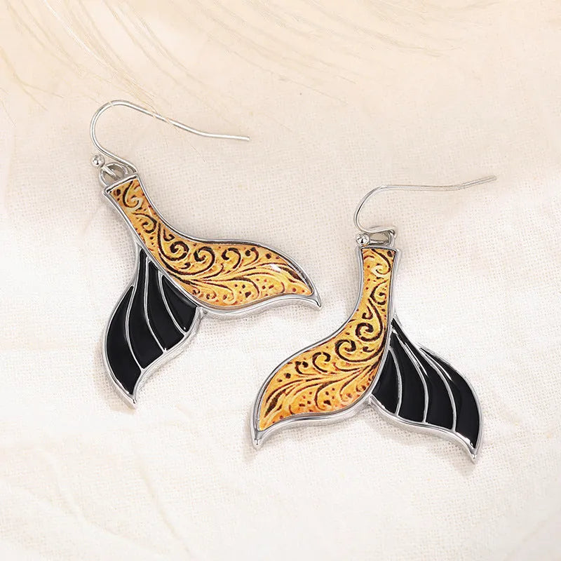 Women's retro-style alloy earrings with personalised fishtail whale design in white gold colour