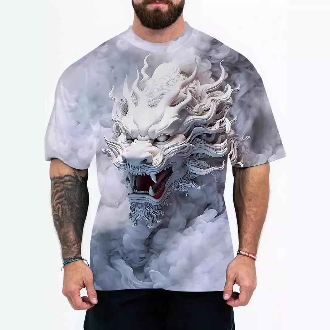 Men's loose fit graphic t-shirt with coloured letters print on a mannequin, showing short sleeves.