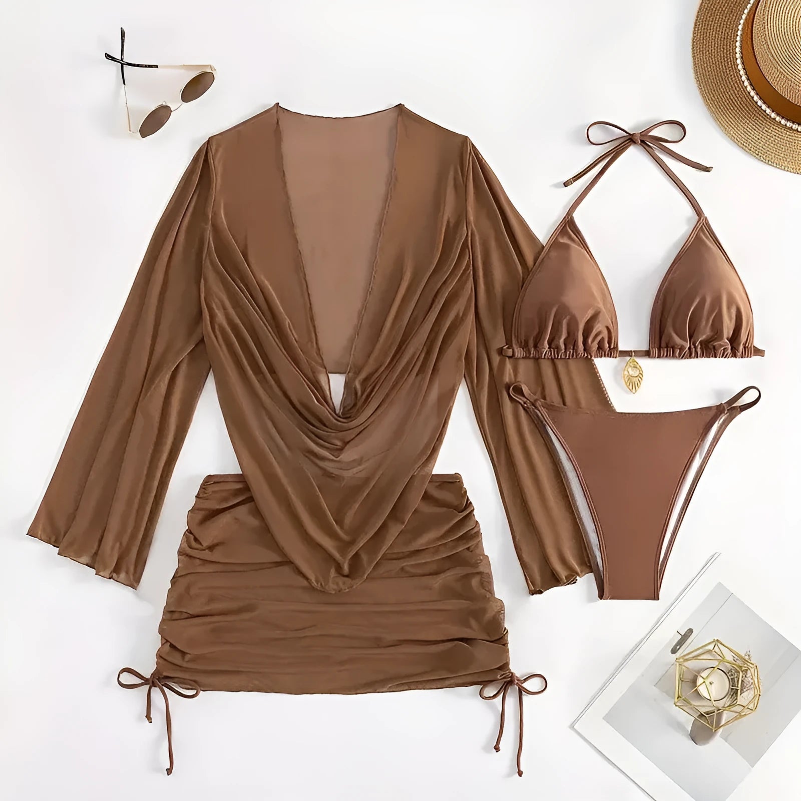 Women's lace-up bikini set in dark brown or black with sleeveless top and briefs
