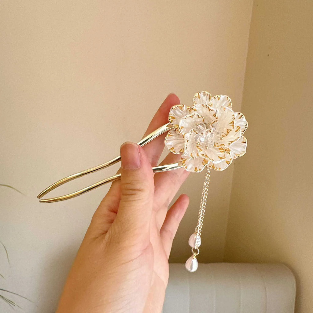 Purple and white peony flower tassel U-shaped hairpin with alloy construction