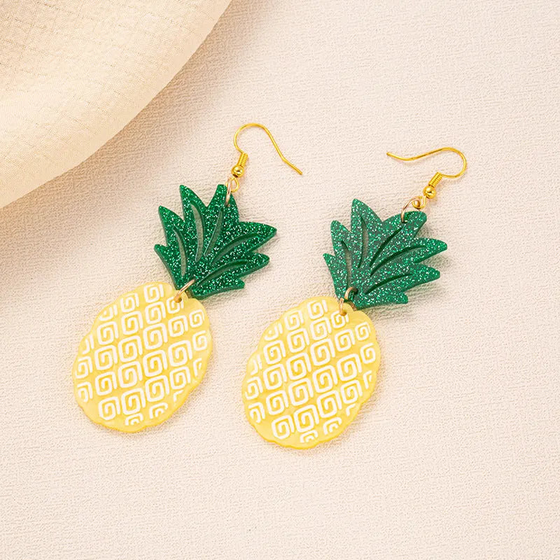 Summer earrings with coconut and jackfruit acrylic charms on alloy hooks in five colour variations