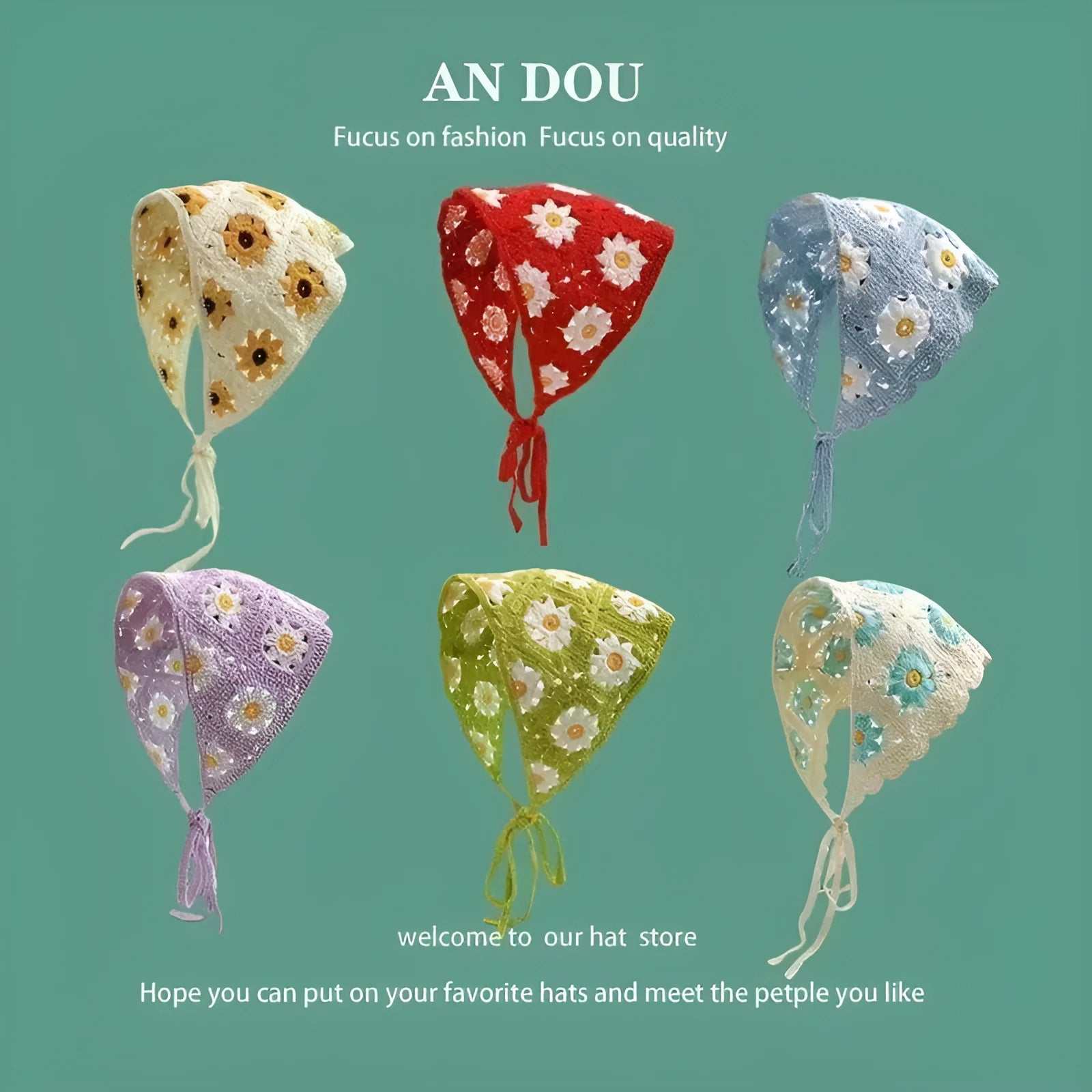 Women's cotton triangle shawl with floral French retro pattern in daisy design colours