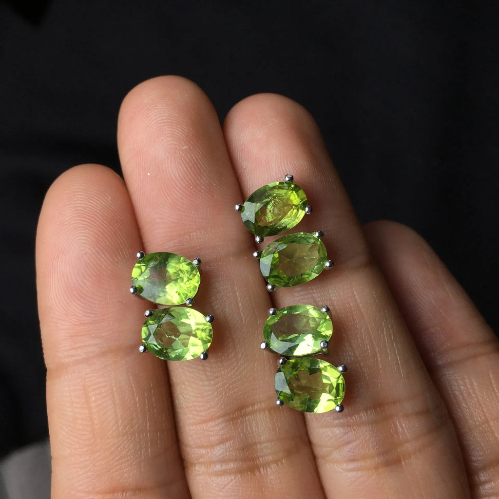 Natural grass green olivine faceted stud earrings in S925 silver, oval stone 6x8mm