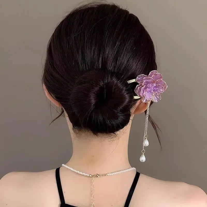 Purple and white peony flower tassel U-shaped hairpin with alloy construction